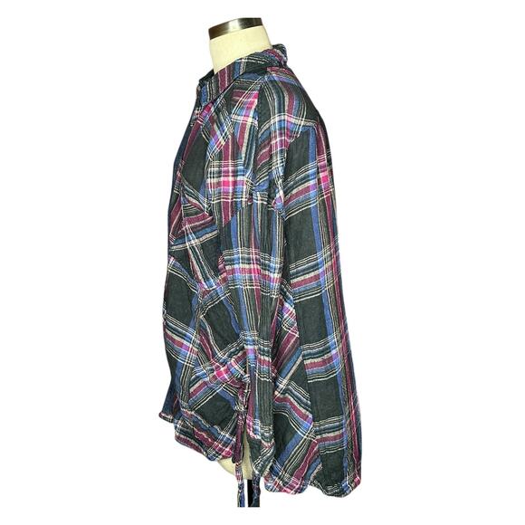 FREE PEOPLE Nordic Day Button Front Oversized Lace Up Sides Plaid Blouse Size M - Picture 2 of 9